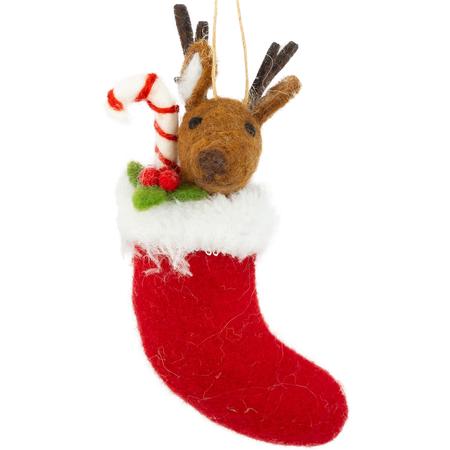 Felt Reindeer In A Stocking Ornament 5.5”