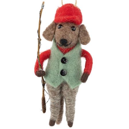 Felt Dog Fisherman Ornament 6.3”