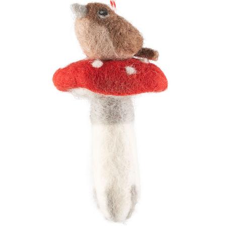 Felt Bird-On-Mushroom Ornament 2.75”